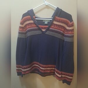 Boho Navy and Red Knit Sweater With Hood